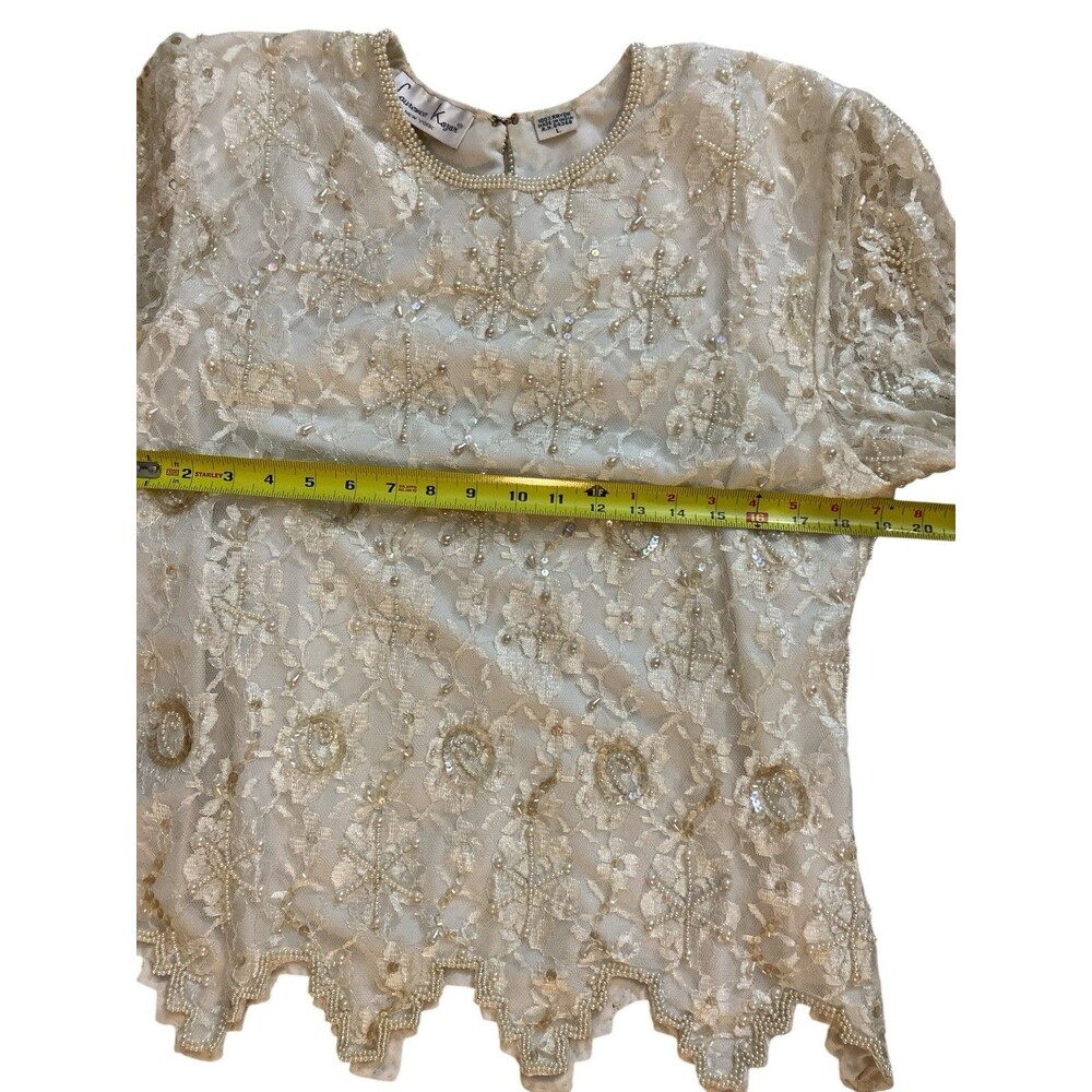 Vtg Laurence Kazar Ivory Blouse Women’s Beaded Lace Sequin Sz L Long‎ Sleeve - Picture 11 of 15
